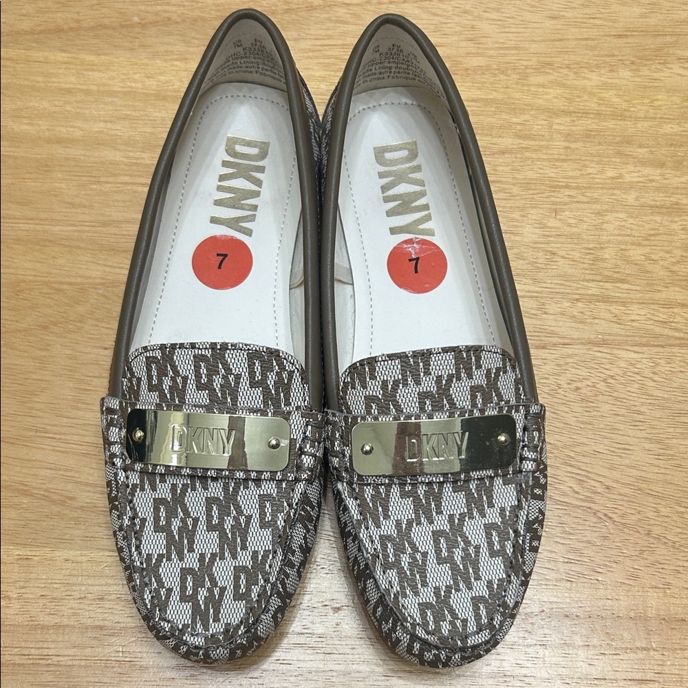 DKNY Brown Logo Moccasin Loafers with Gold Plate